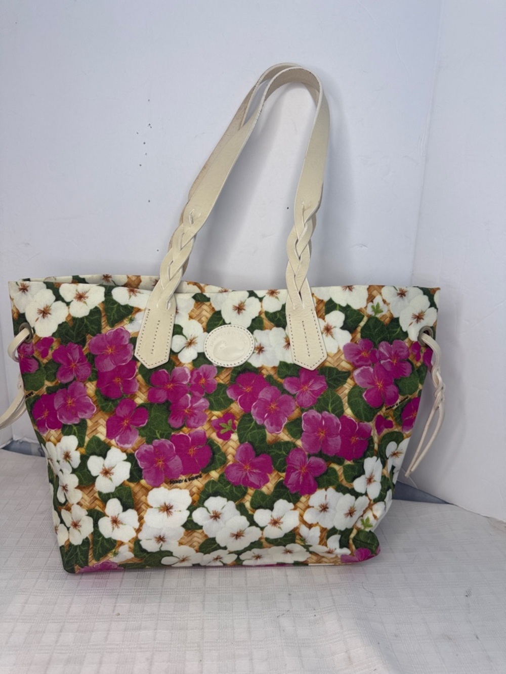 Dooney & Bourke Floral Shopper Tote Pink White Canvas Leather Trim Large Bag